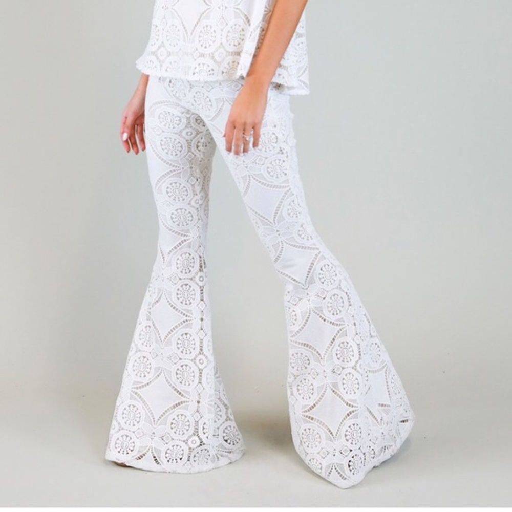Judith March white crochet flare bell bottom pants